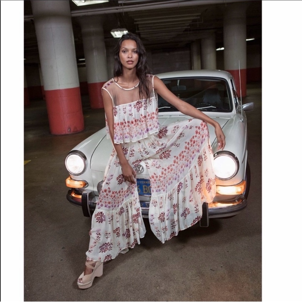 Free People 2 Piece Set - Sheer Wide Leg Pants & Sheer Floral Backless Top